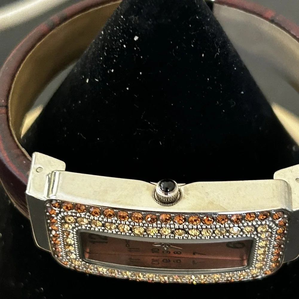 Chicos Crystal Cuff Watch Pink Dial Brown Band Statement Rhinestone Bezel‎